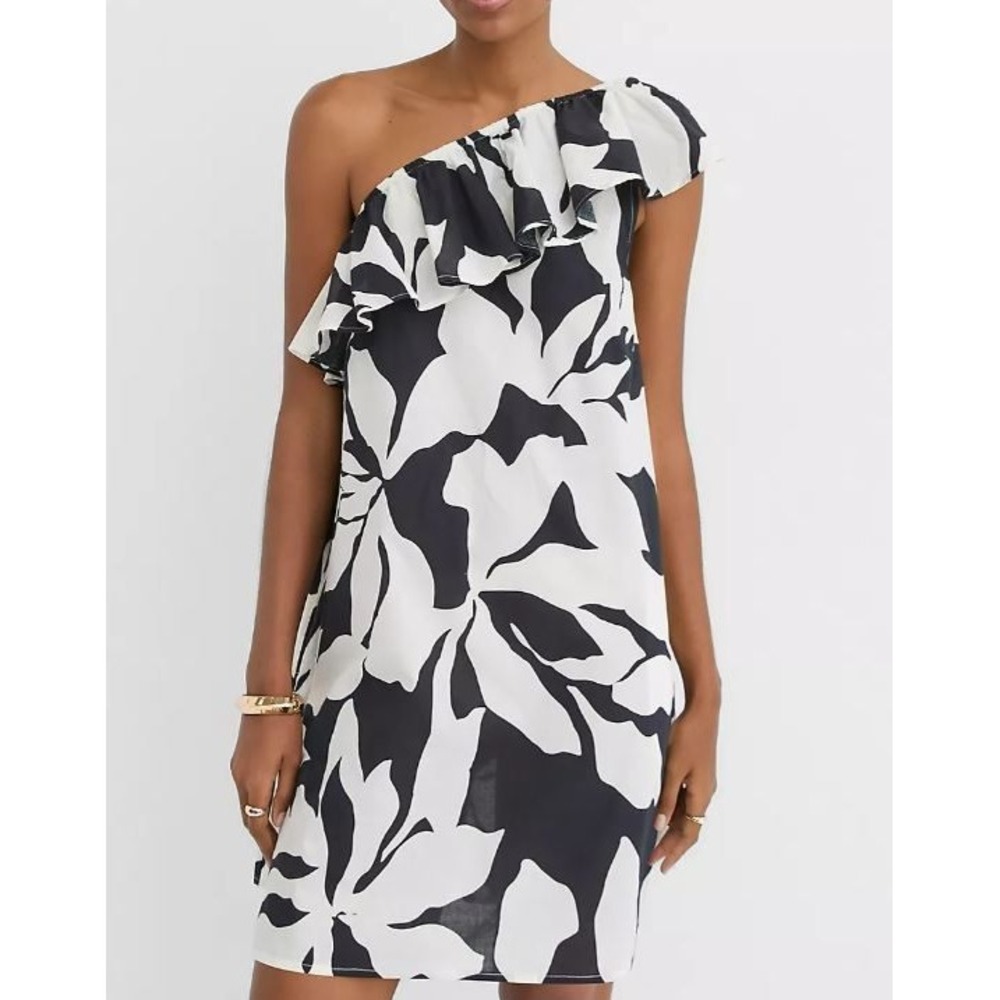 LOFT MP One Shoulder Ruffle Floral Mini Dress Womens Petite Black White Cotton